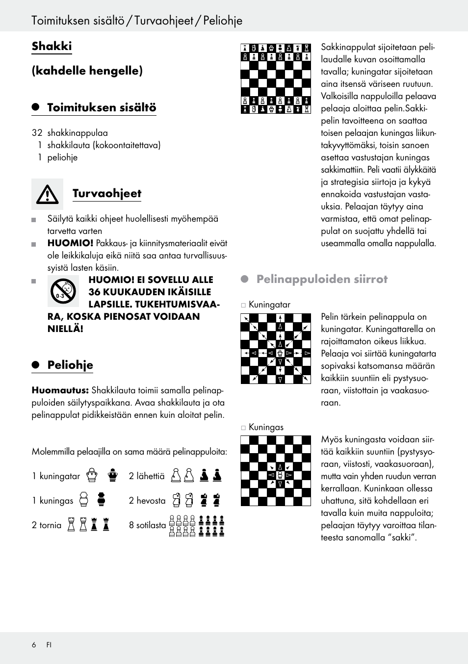 Toimituksen sisältö / turvaohjeet / peliohje, Shakki (kahdelle hengelle), Toimituksen sisältö | Turvaohjeet, Peliohje, Pelinappuloiden siirrot | Playtive Chess Set User Manual | Page 6 / 24