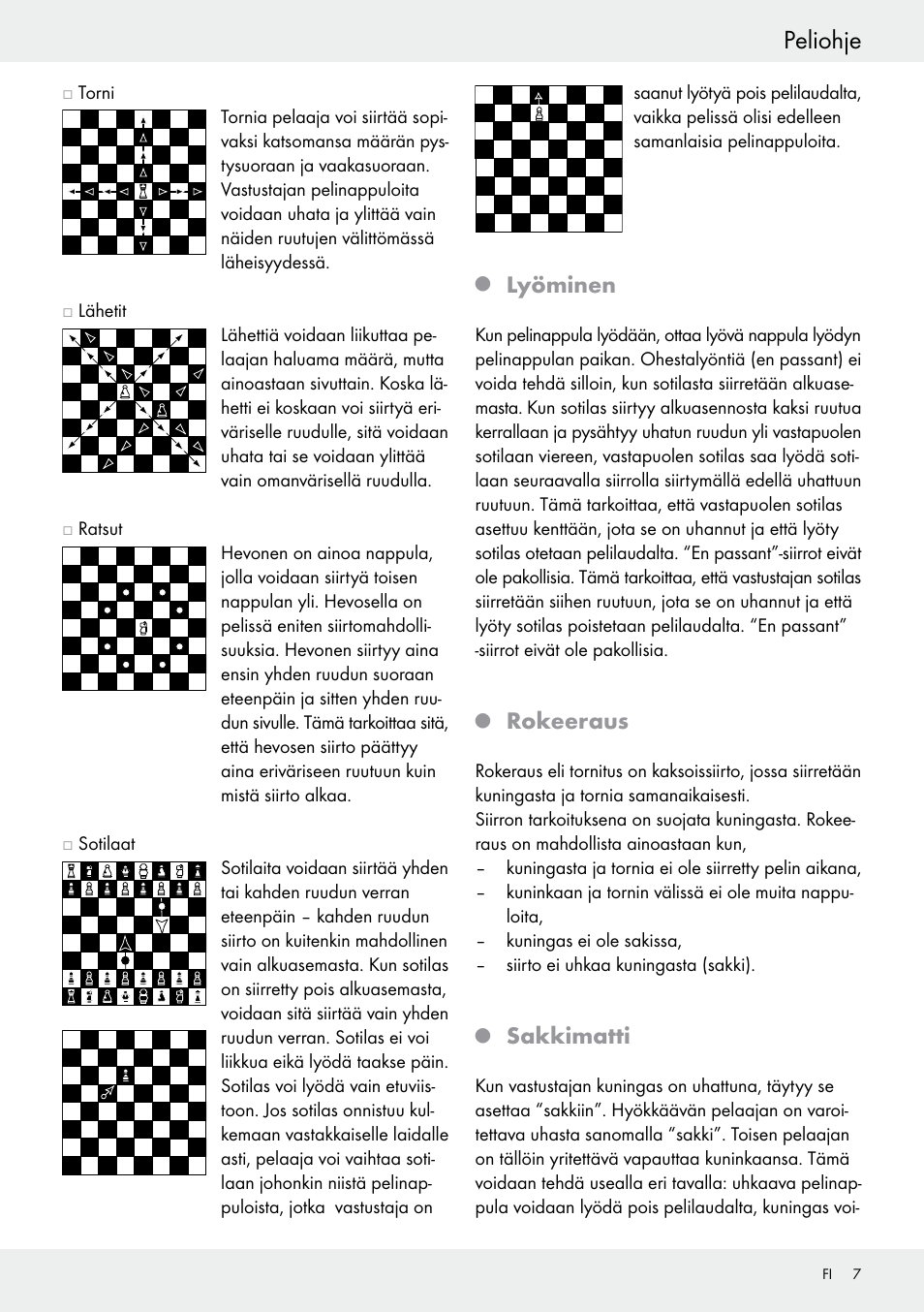 Peliohje, Lyöminen, Rokeeraus | Sakkimatti | Playtive Chess Set User Manual | Page 7 / 24