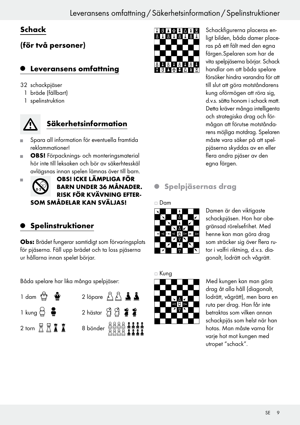 Schack (för två personer), Leveransens omfattning, Säkerhetsinformation | Spelinstruktioner, Spelpjäsernas drag | Playtive Chess Set User Manual | Page 9 / 24