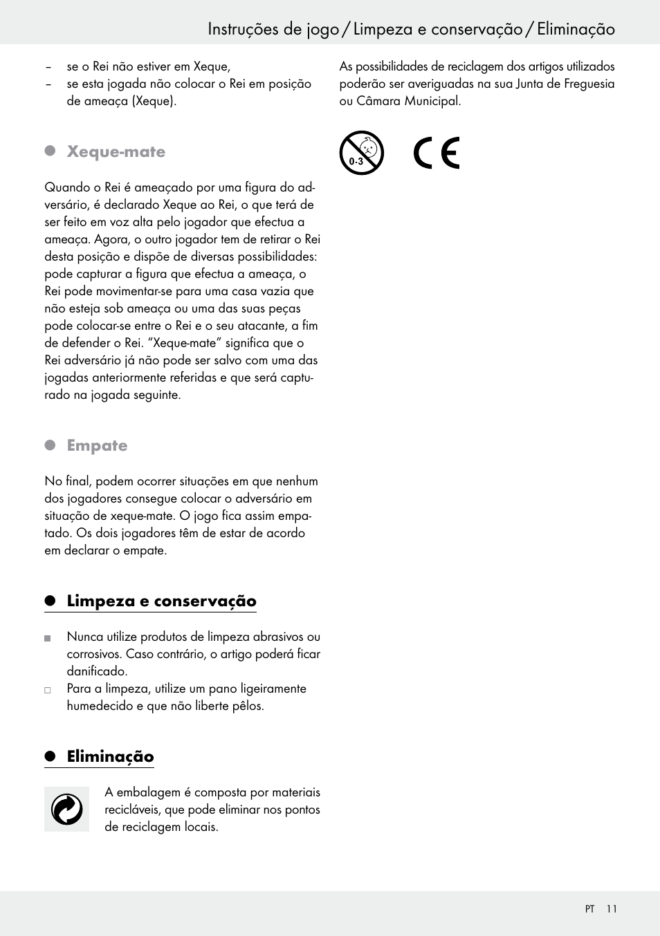 Xeque-mate, Empate, Limpeza e conservação | Eliminação | Playtive Chess Set User Manual | Page 11 / 18