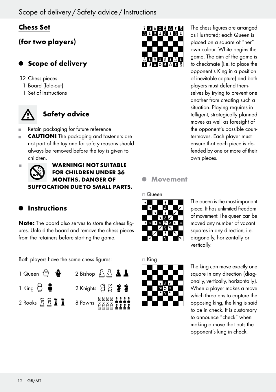 Scope of delivery / safety advice / instructions, Chess set (for two players) scope of delivery, Safety advice | Instructions, Movement | Playtive Chess Set User Manual | Page 12 / 18