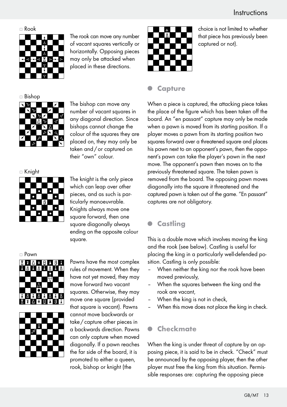 Instructions, Capture, Castling | Checkmate | Playtive Chess Set User Manual | Page 13 / 18