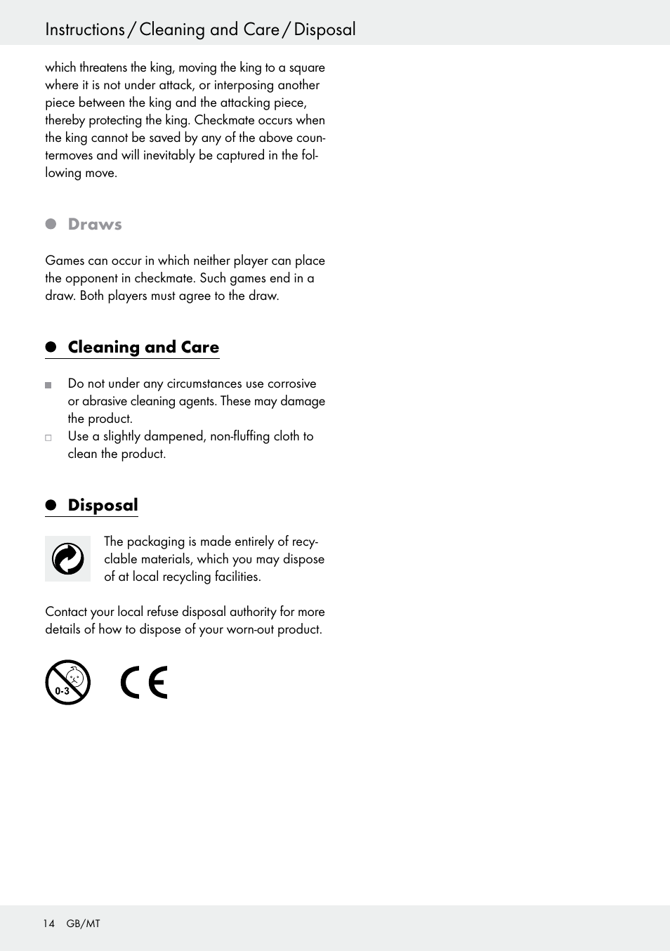 Instructions / cleaning and care / disposal, Draws, Cleaning and care | Disposal | Playtive Chess Set User Manual | Page 14 / 18