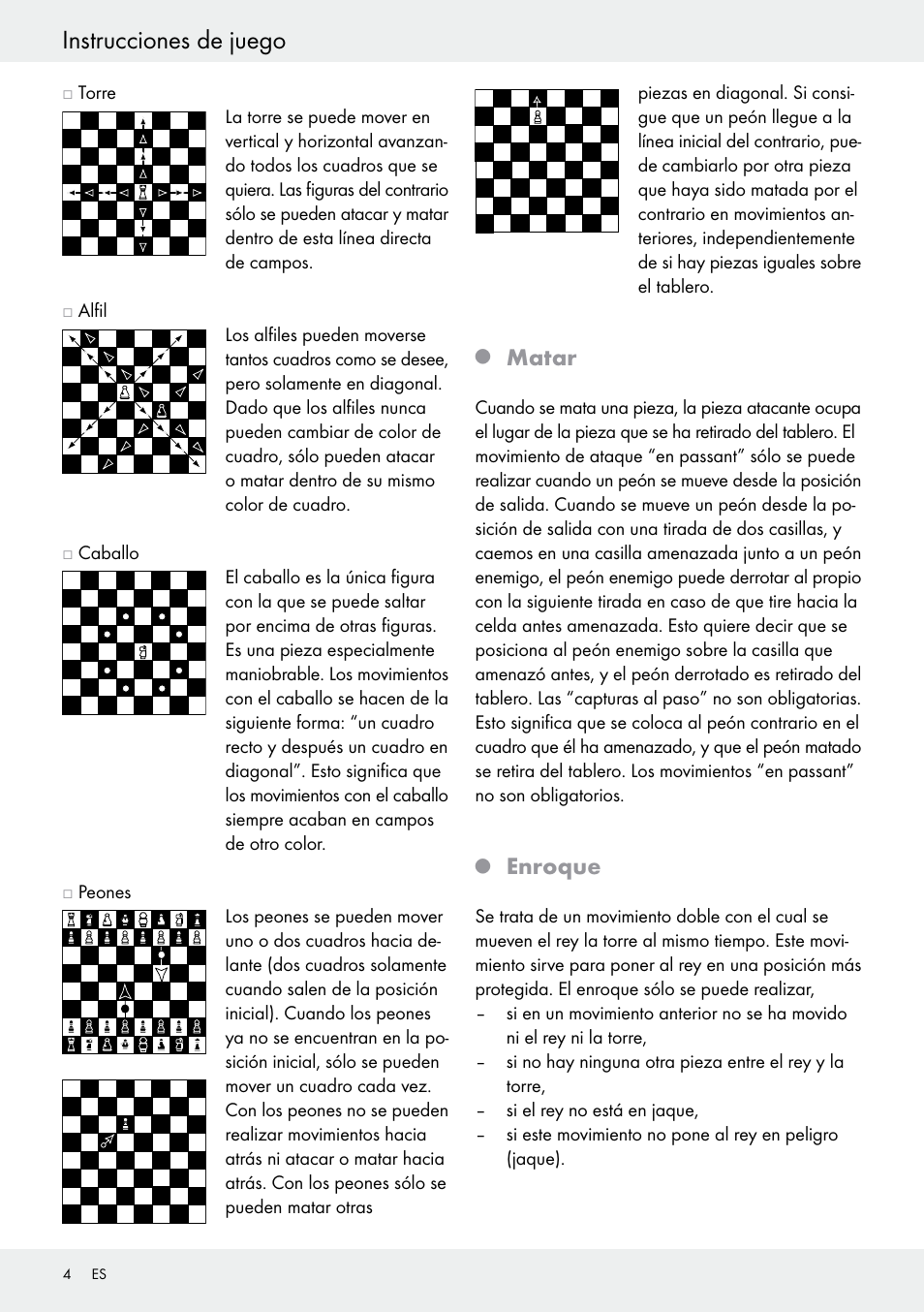 Instrucciones de juego, Matar, Enroque | Playtive Chess Set User Manual | Page 4 / 18