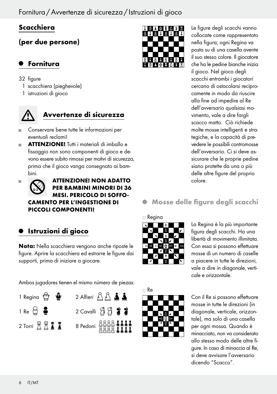 Scacchiera (per due persone), Fornitura, Avvertenze di sicurezza | Istruzioni di gioco, Mosse delle figure degli scacchi | Playtive Chess Set User Manual | Page 6 / 18