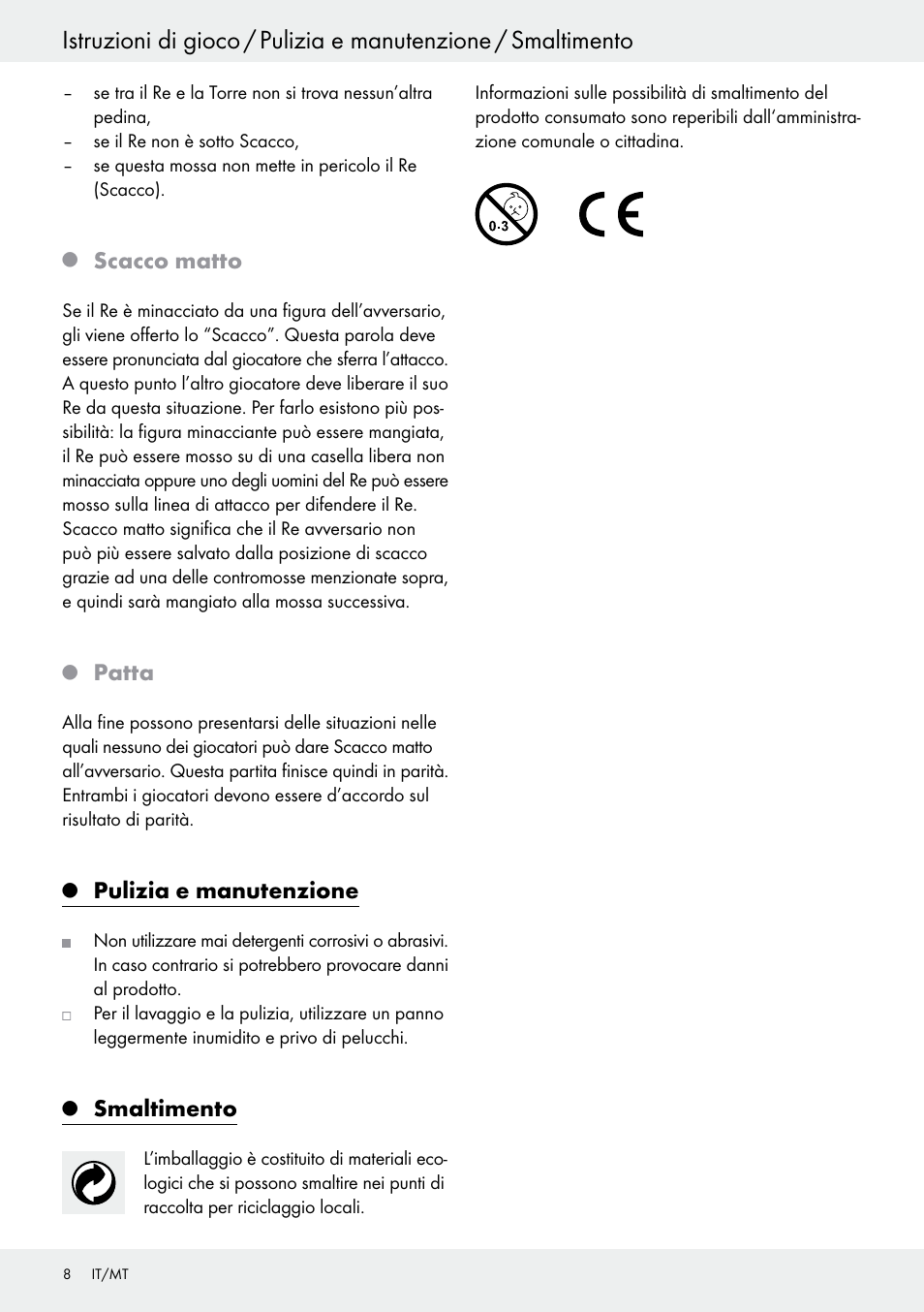 Scacco matto, Patta, Pulizia e manutenzione | Smaltimento | Playtive Chess Set User Manual | Page 8 / 18