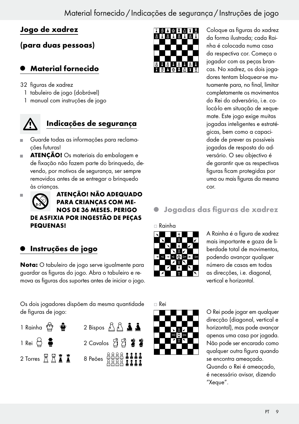 Jogo de xadrez (para duas pessoas), Material fornecido, Indicações de segurança | Instruções de jogo, Jogadas das figuras de xadrez | Playtive Chess Set User Manual | Page 9 / 18