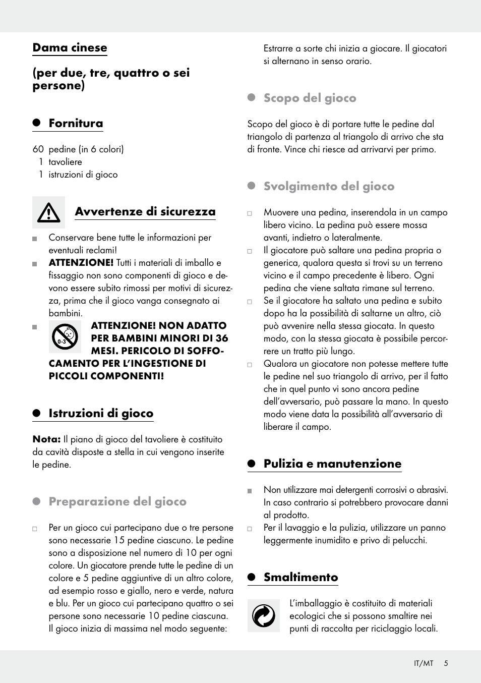 Dama cinese (per due, tre, quattro o sei persone), Fornitura, Avvertenze di sicurezza | Istruzioni di gioco, Preparazione del gioco, Scopo del gioco, Svolgimento del gioco, Pulizia e manutenzione, Smaltimento | Playtive Chinese Chequers User Manual | Page 5 / 13