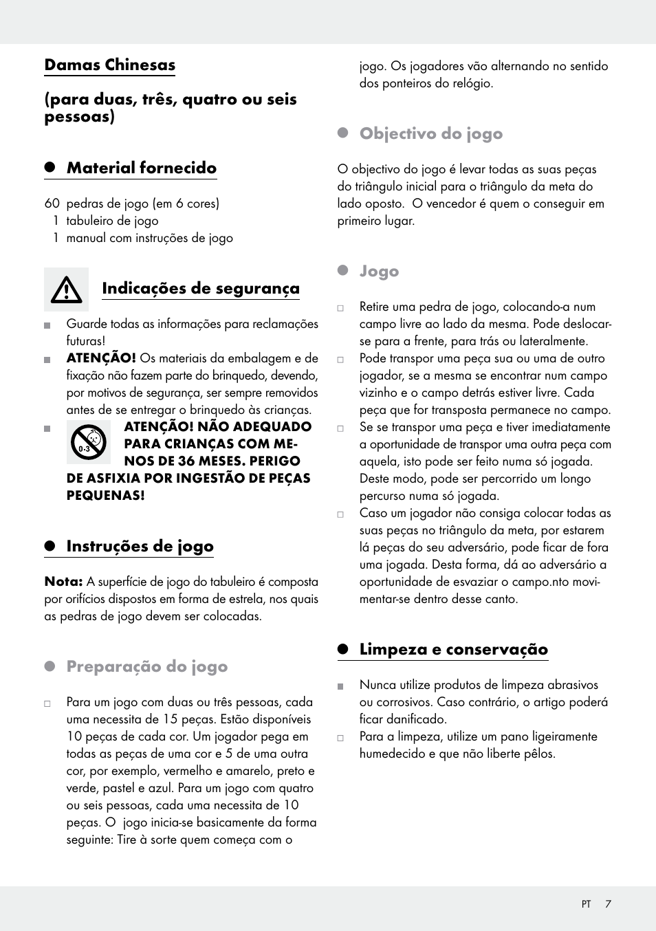 Material fornecido, Indicações de segurança, Instruções de jogo | Preparação do jogo, Objectivo do jogo, Jogo, Limpeza e conservação | Playtive Chinese Chequers User Manual | Page 7 / 13