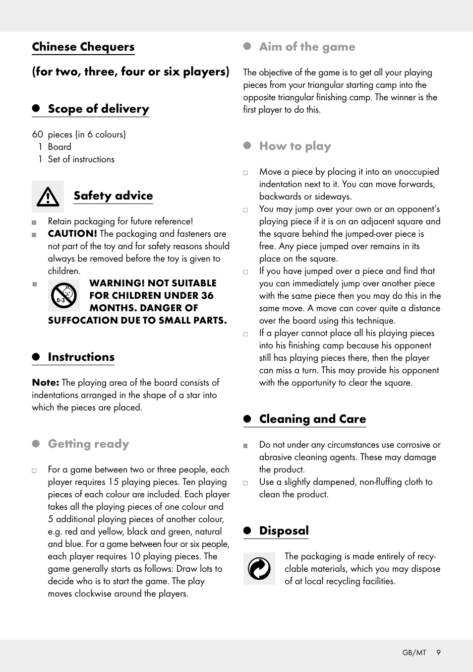 Scope of delivery, Safety advice, Instructions | Getting ready, Aim of the game, How to play, Cleaning and care, Disposal | Playtive Chinese Chequers User Manual | Page 9 / 13