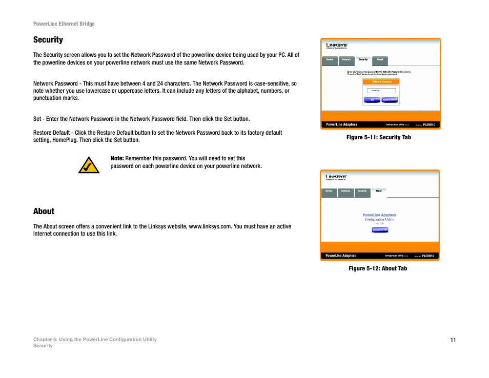 Security, About | Linksys PLEBR10 User Manual | Page 15 / 29