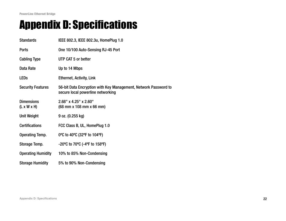 Appendix d: specifications | Linksys PLEBR10 User Manual | Page 26 / 29