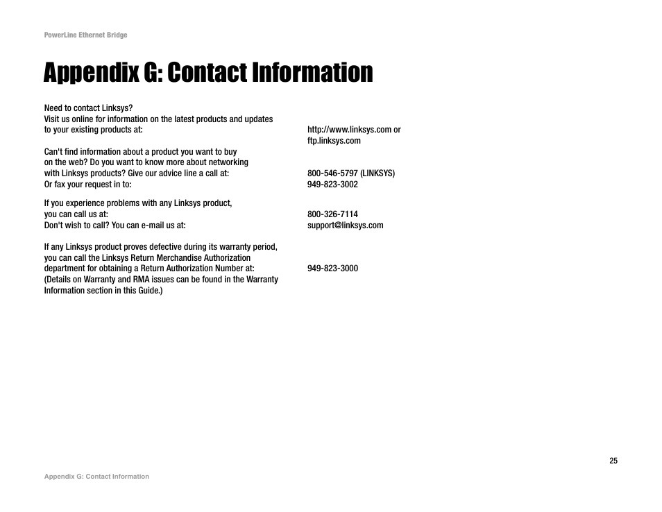 Appendix g: contact information | Linksys PLEBR10 User Manual | Page 29 / 29