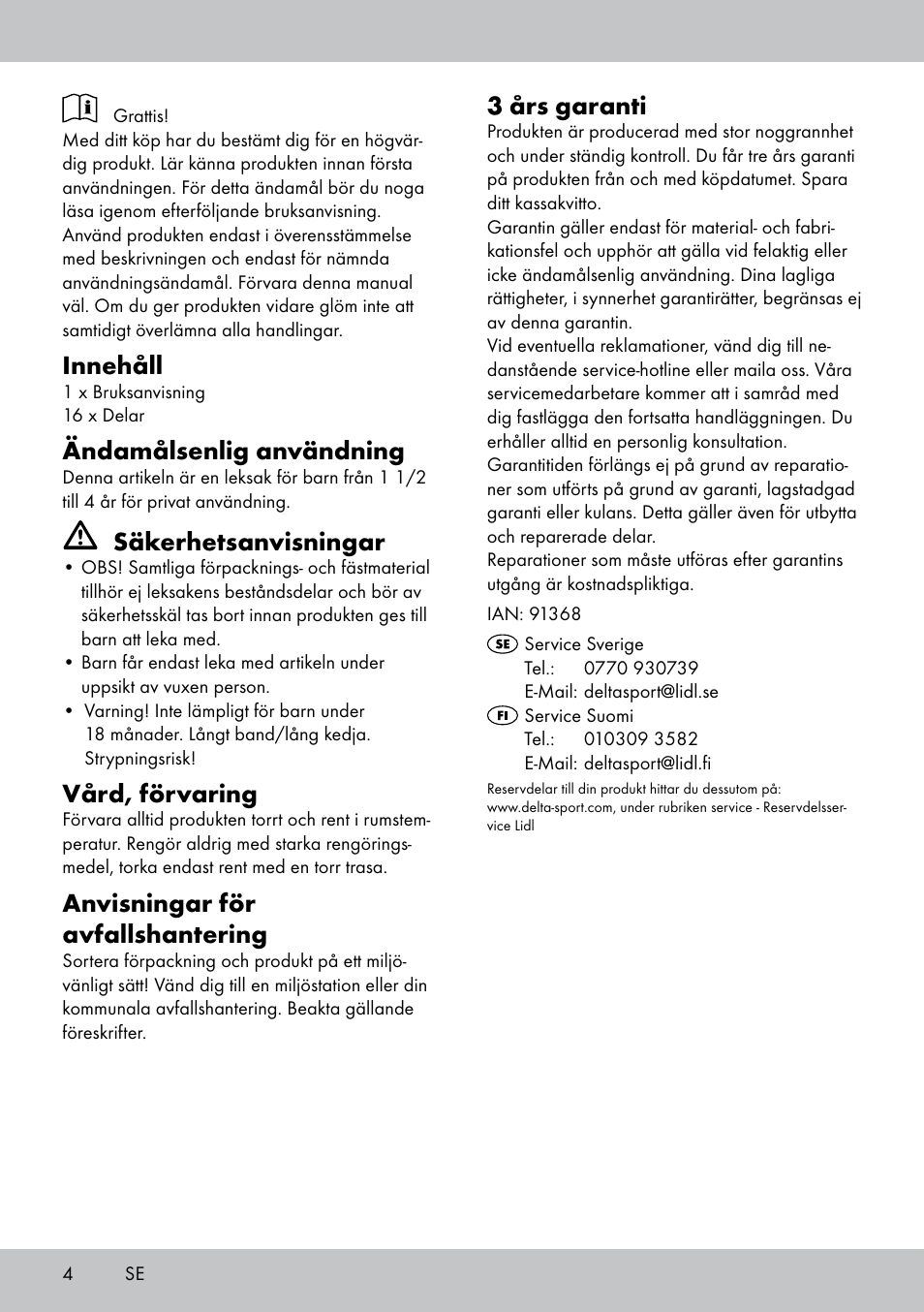 Innehåll, Ändamålsenlig användning, Säkerhetsanvisningar | Vård, förvaring, Anvisningar för avfallshantering, 3 års garanti | Playtive THREADING TOY User Manual | Page 4 / 12