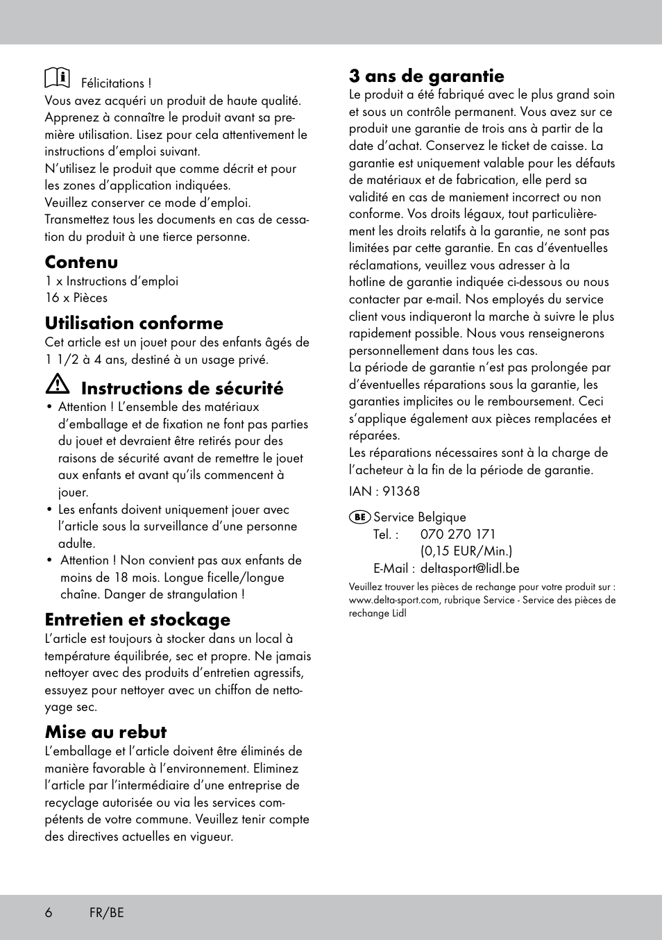 Contenu, Utilisation conforme, Instructions de sécurité | Entretien et stockage, Mise au rebut, 3 ans de garantie | Playtive THREADING TOY User Manual | Page 6 / 12