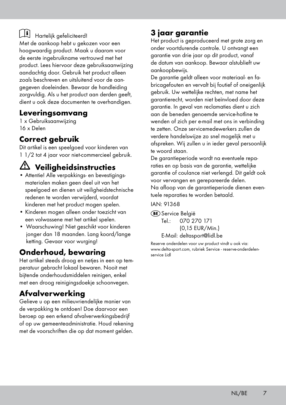 Leveringsomvang, Correct gebruik, Veiligheidsinstructies | Onderhoud, bewaring, Afvalverwerking, 3 jaar garantie | Playtive THREADING TOY User Manual | Page 7 / 12