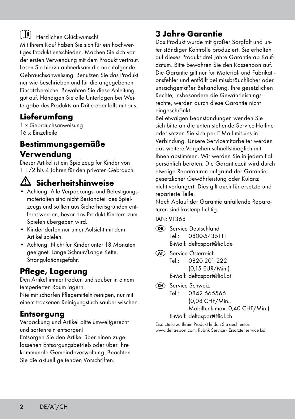 Lieferumfang, Bestimmungsgemäße verwendung, Sicherheitshinweise | Pflege, lagerung, Entsorgung, 3 jahre garantie | Playtive THREADING TOY User Manual | Page 2 / 8