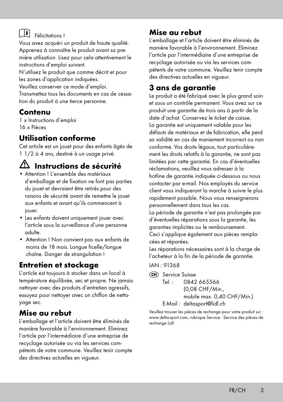 Contenu, Utilisation conforme, Instructions de sécurité | Entretien et stockage, Mise au rebut, 3 ans de garantie | Playtive THREADING TOY User Manual | Page 3 / 8