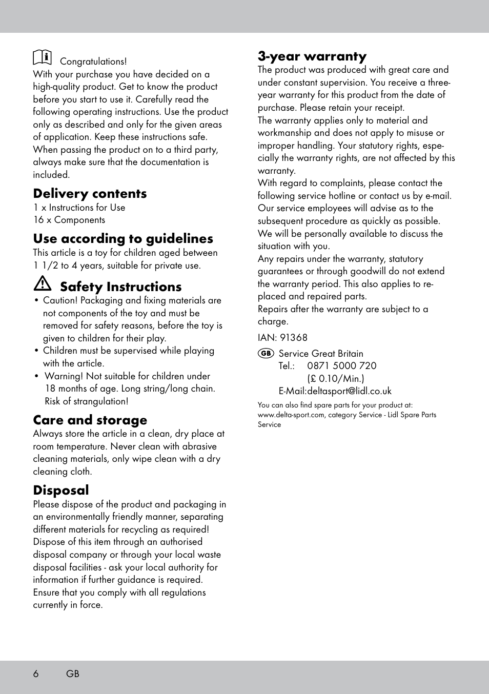 Delivery contents, Use according to guidelines, Safety instructions | Care and storage, Disposal, Year warranty | Playtive THREADING TOY User Manual | Page 6 / 8