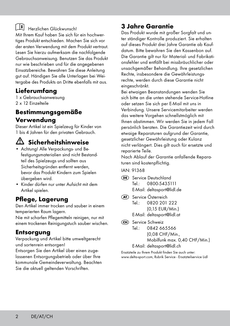 Lieferumfang, Bestimmungsgemäße verwendung, Sicherheitshinweise | Pflege, lagerung, Entsorgung, 3 jahre garantie | Playtive CHILDREN‘S JIGSAW User Manual | Page 2 / 8