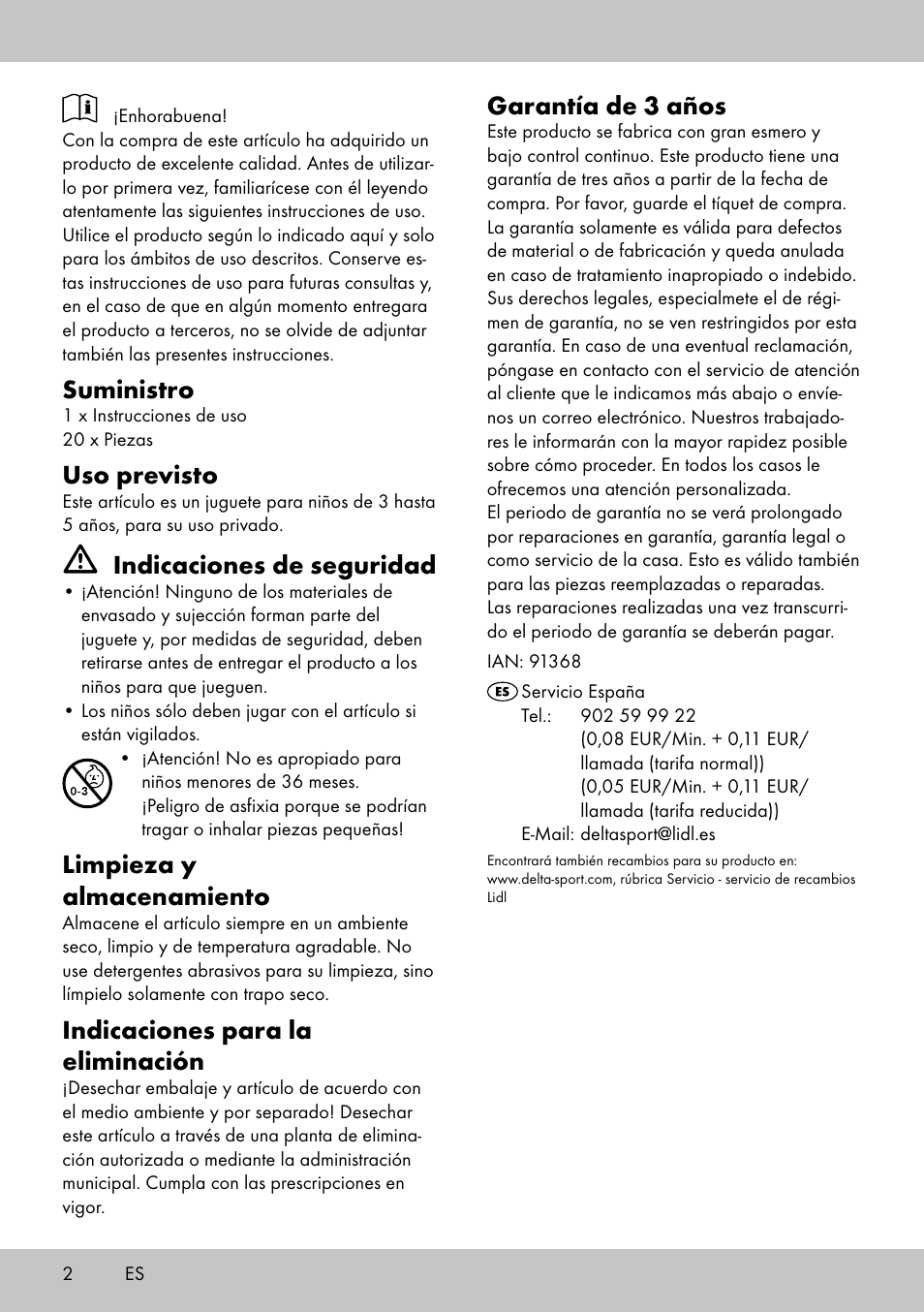 Suministro, Uso previsto, Indicaciones de seguridad | Limpieza y almacenamiento, Indicaciones para la eliminación, Garantía de 3 años | Playtive FISHING GAME User Manual | Page 2 / 8