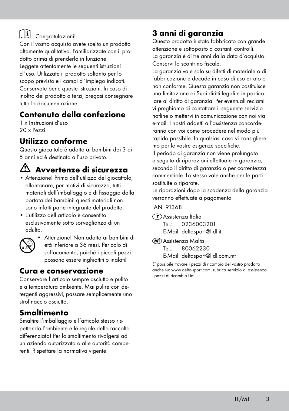 Contenuto della confezione, Utilizzo conforme, Avvertenze di sicurezza | Cura e conservazione, Smaltimento, 3 anni di garanzia | Playtive FISHING GAME User Manual | Page 3 / 8
