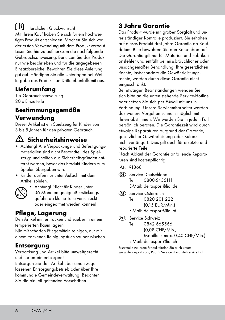 Lieferumfang, Bestimmungsgemäße verwendung, Sicherheitshinweise | Pflege, lagerung, Entsorgung, 3 jahre garantie | Playtive FISHING GAME User Manual | Page 6 / 8