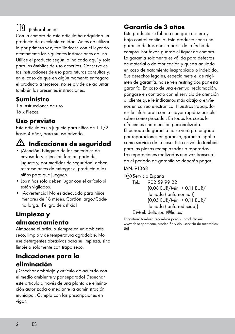 Suministro, Uso previsto, Indicaciones de seguridad | Limpieza y almacenamiento, Indicaciones para la eliminación, Garantía de 3 años | Playtive THREADING TOY User Manual | Page 2 / 8