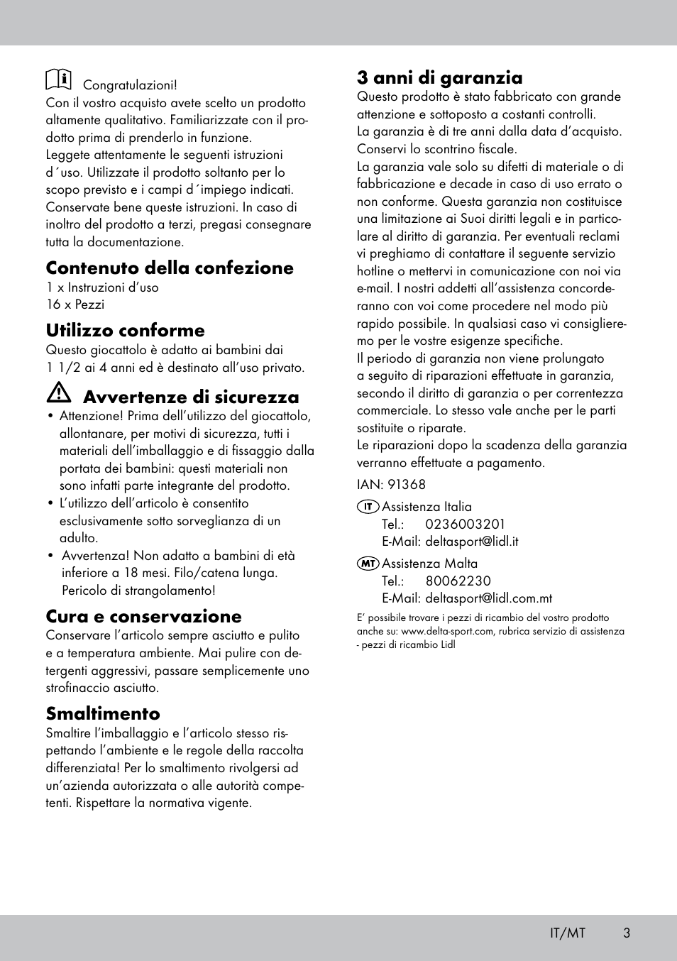 Contenuto della confezione, Utilizzo conforme, Avvertenze di sicurezza | Cura e conservazione, Smaltimento, 3 anni di garanzia | Playtive THREADING TOY User Manual | Page 3 / 8