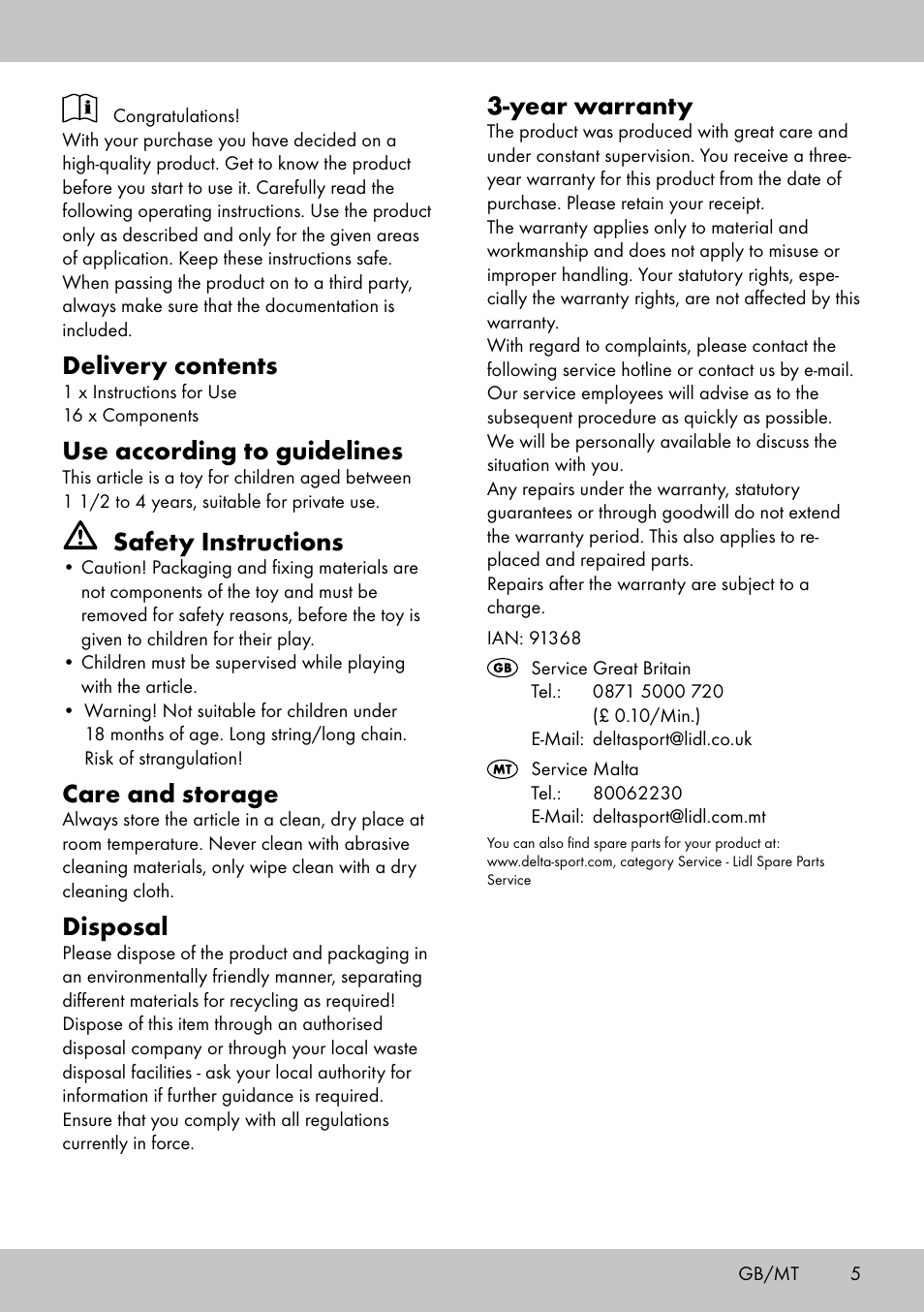 Delivery contents, Use according to guidelines, Safety instructions | Care and storage, Disposal, Year warranty | Playtive THREADING TOY User Manual | Page 5 / 8