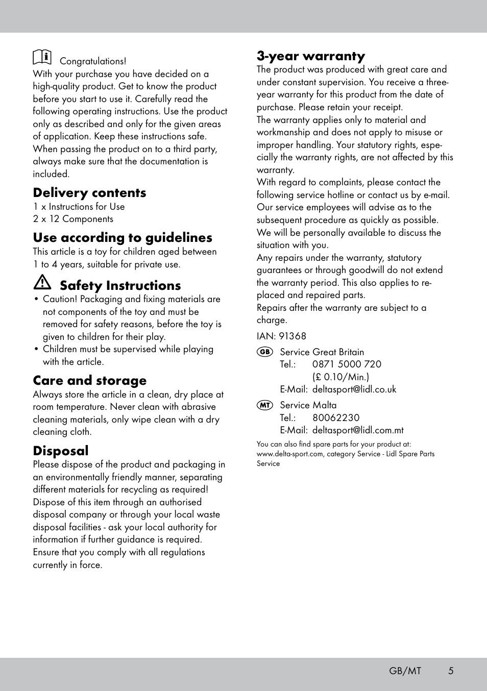 Delivery contents, Use according to guidelines, Safety instructions | Care and storage, Disposal, Year warranty | Playtive CHILDREN‘S JIGSAW User Manual | Page 5 / 8