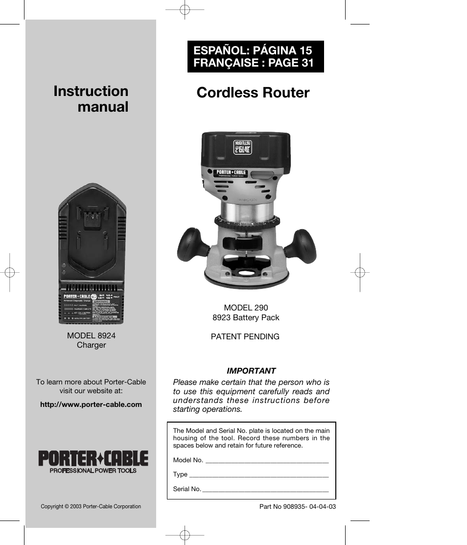 Porter-Cable MODEL 290 User Manual | 15 pages
