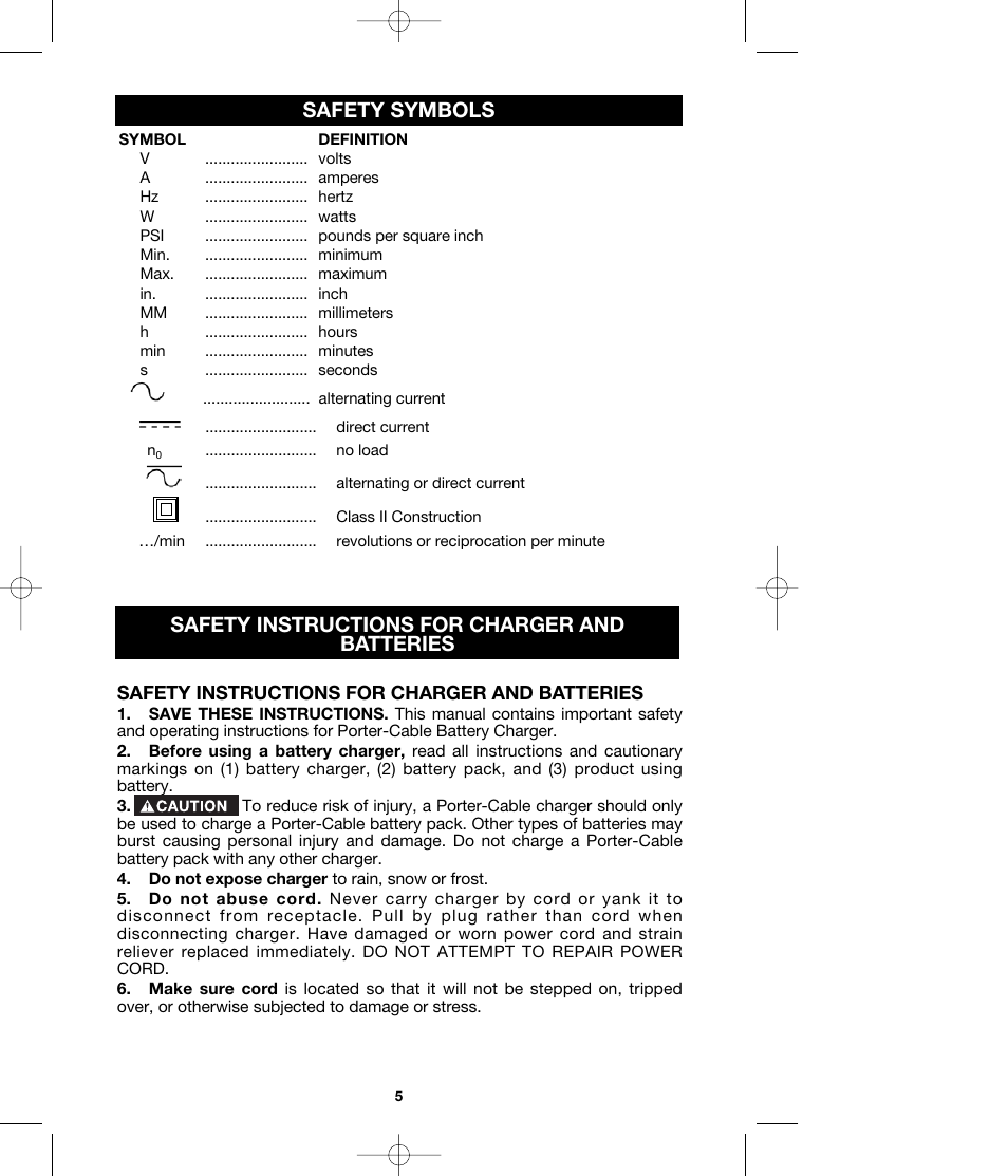 Safety symbols, Safety instructions for charger and batteries | Porter-Cable MODEL 290 User Manual | Page 5 / 15