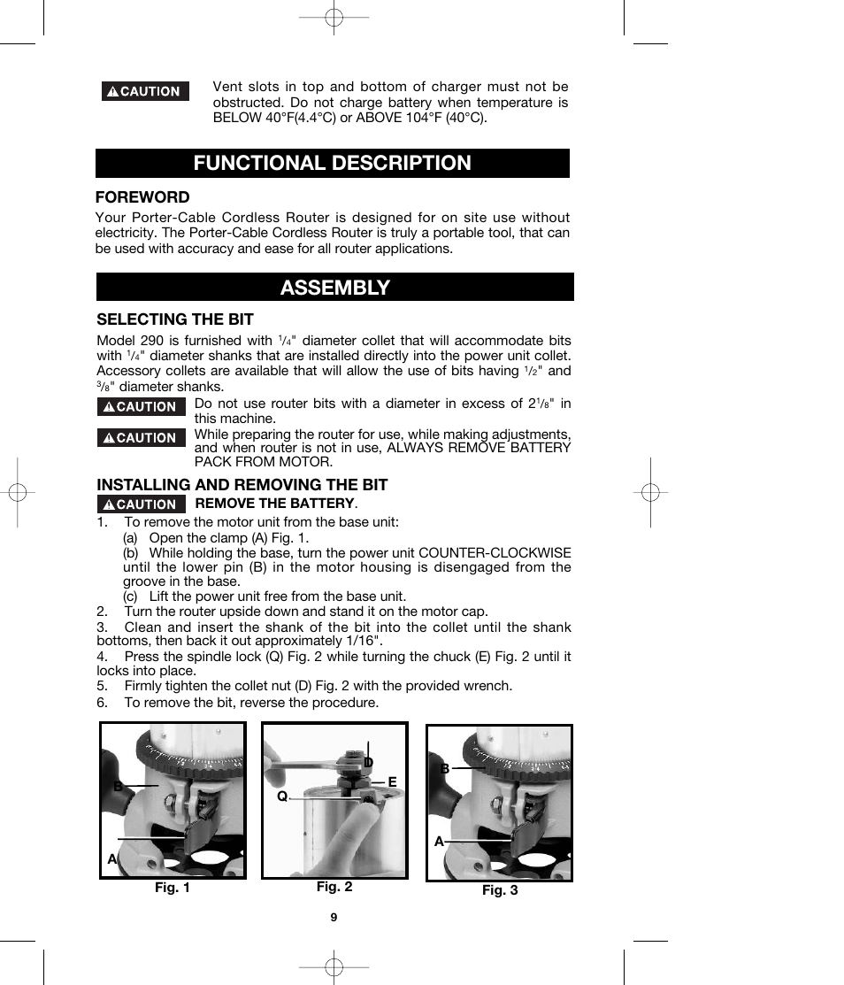 Functional description, Assembly, Foreword | Selecting the bit, Installing and removing the bit | Porter-Cable MODEL 290 User Manual | Page 9 / 15