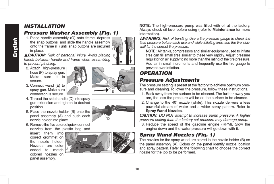 Operation pressure adjustments, Spray wand nozzles (fig. 1) | DeWalt N0003431 User Manual | Page 10 / 68