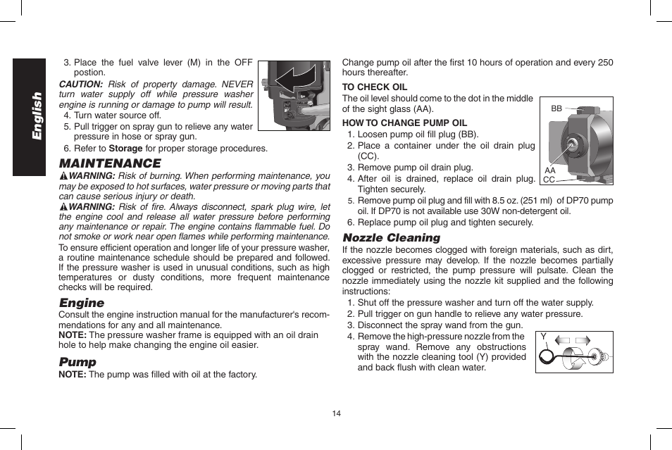 English, Maintenance, Engine | Pump | DeWalt N0003431 User Manual | Page 14 / 68