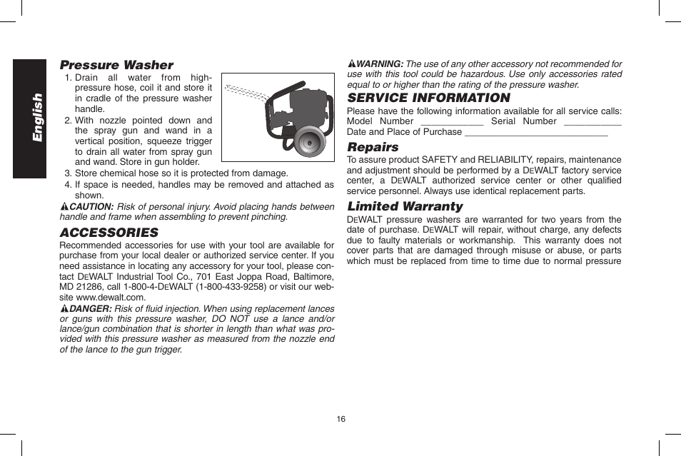 English pressure washer, Accessories, Service information | Repairs, Limited warranty | DeWalt N0003431 User Manual | Page 16 / 68