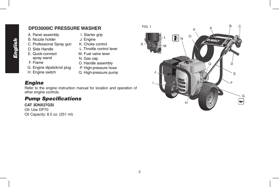English, Engine, Pump specifications | DeWalt N0003431 User Manual | Page 2 / 68