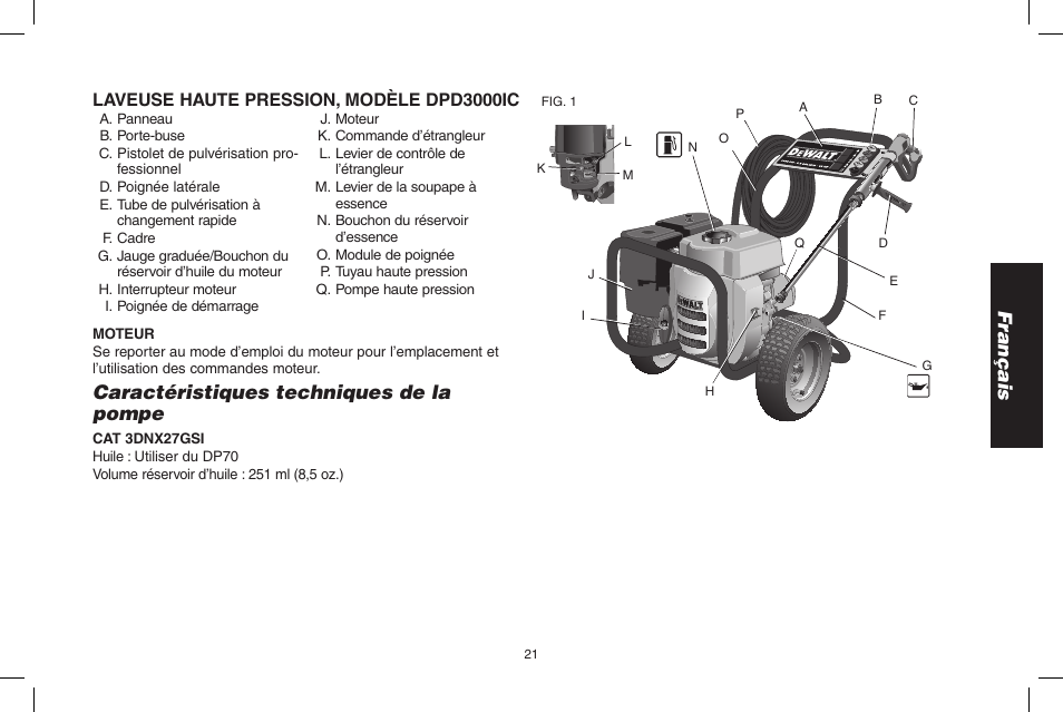 Français, Caractéristiques techniques de la pompe, Laveuse haute pression, modèle dpd3000ic | DeWalt N0003431 User Manual | Page 21 / 68