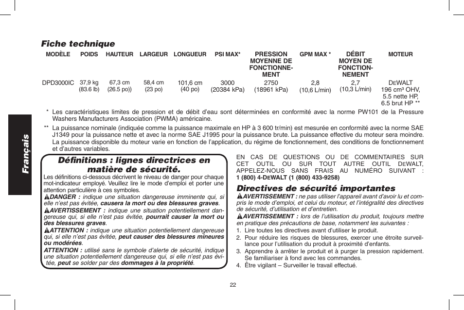 Français, Directives de sécurité importantes, Fiche technique | DeWalt N0003431 User Manual | Page 22 / 68