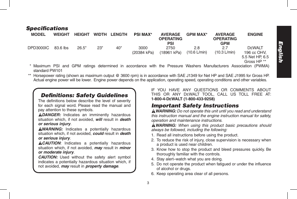 English, Important safety instructions, Definitions: safety guidelines | Specifications | DeWalt N0003431 User Manual | Page 3 / 68