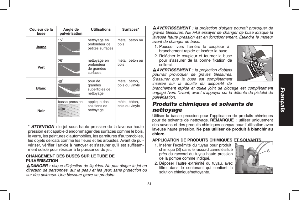 Français, Produits chimiques et solvants de nettoyage | DeWalt N0003431 User Manual | Page 31 / 68