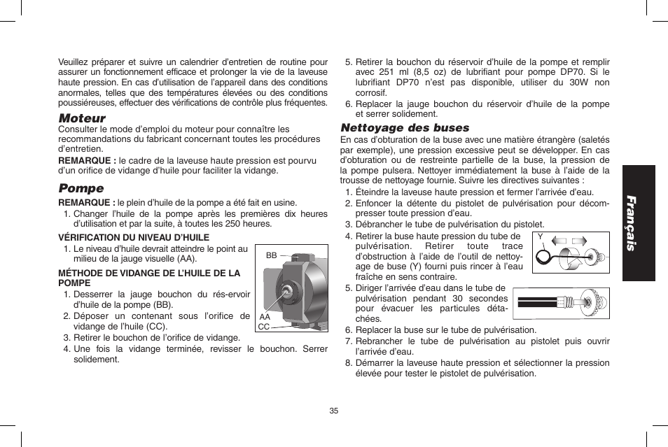 Français, Moteur, Pompe | DeWalt N0003431 User Manual | Page 35 / 68