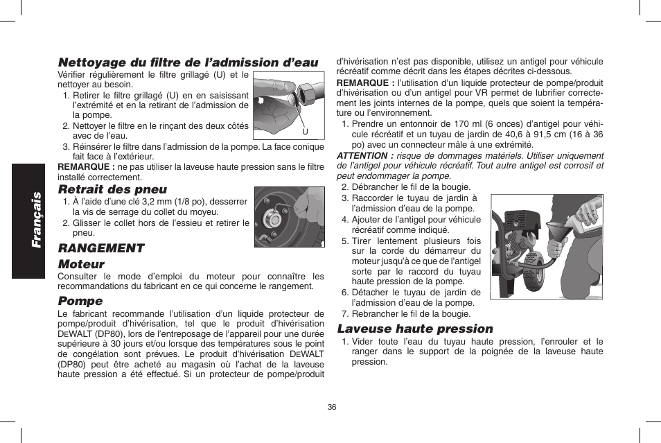 Français, Nettoyage du filtre de l’admission d’eau, Retrait des pneu | Rangement moteur, Pompe, Laveuse haute pression | DeWalt N0003431 User Manual | Page 36 / 68