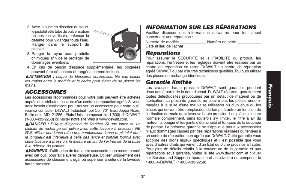 Français, Accessoires, Information sur les réparations | Réparations, Garantie limitée | DeWalt N0003431 User Manual | Page 37 / 68