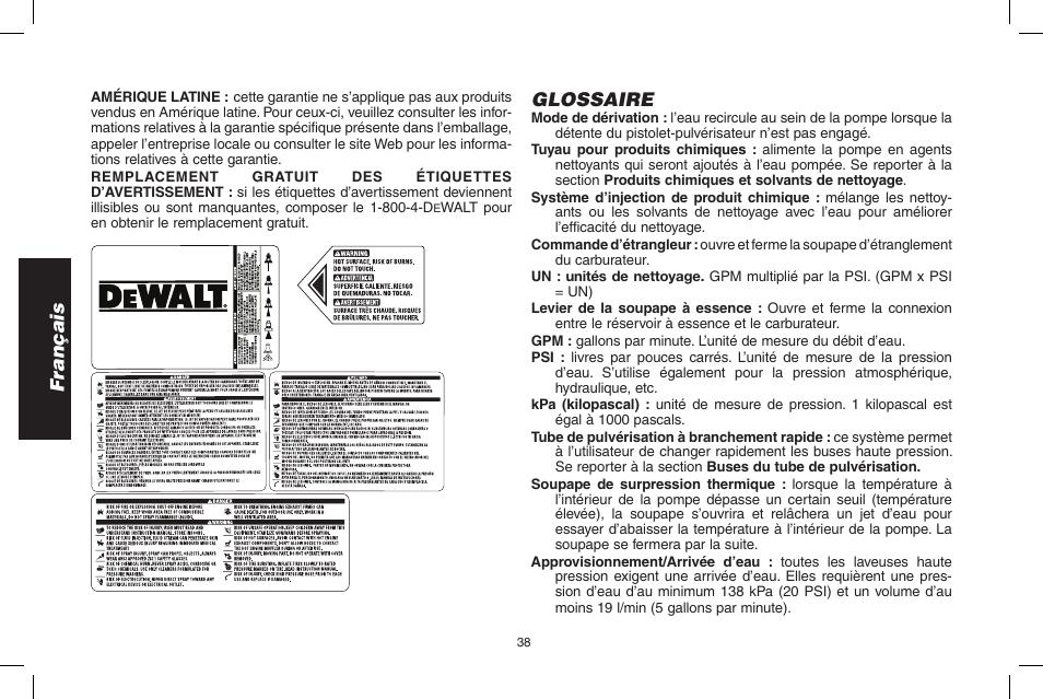 Français, Glossaire | DeWalt N0003431 User Manual | Page 38 / 68