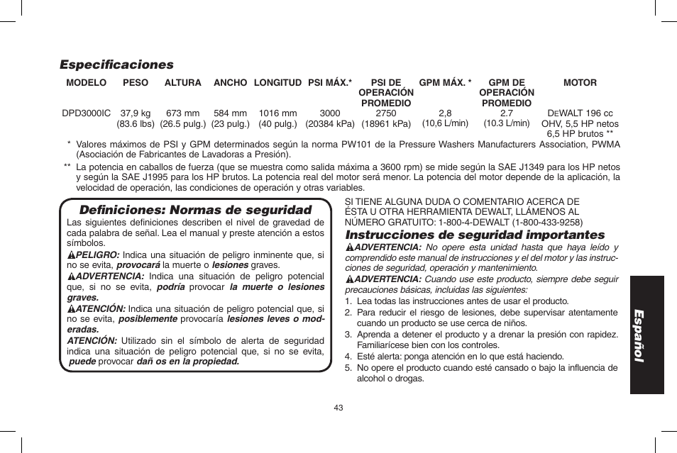 Español, Definiciones: normas de seguridad, Instrucciones de seguridad importantes | Especificaciones | DeWalt N0003431 User Manual | Page 43 / 68