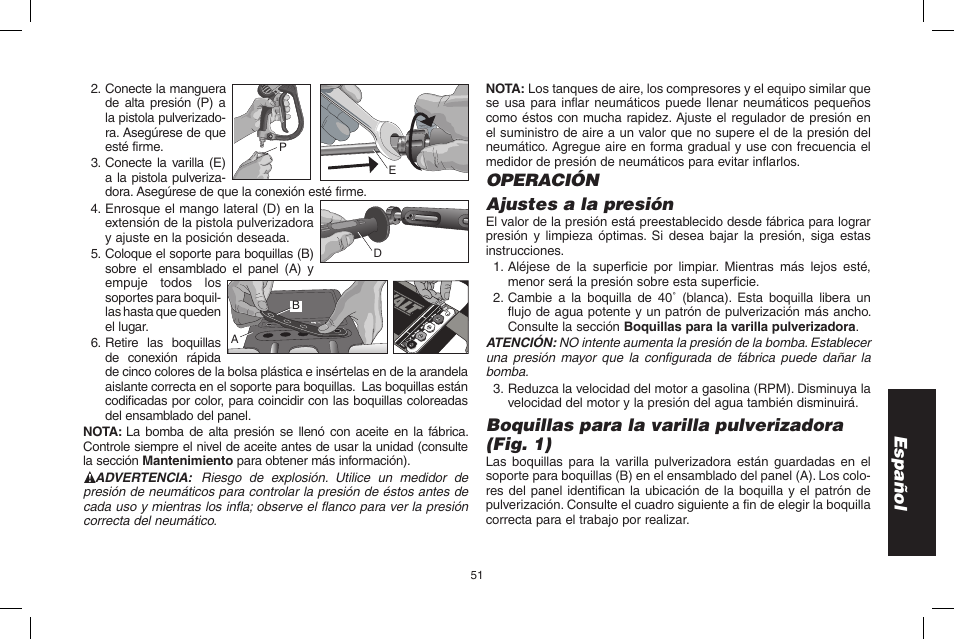 Español, Operación ajustes a la presión, Boquillas para la varilla pulverizadora (fig. 1) | DeWalt N0003431 User Manual | Page 51 / 68