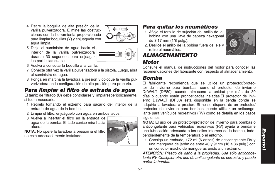 Español, Para limpiar el filtro de entrada de agua, Para quitar los neumáticos | Almacenamiento motor, Bomba | DeWalt N0003431 User Manual | Page 57 / 68