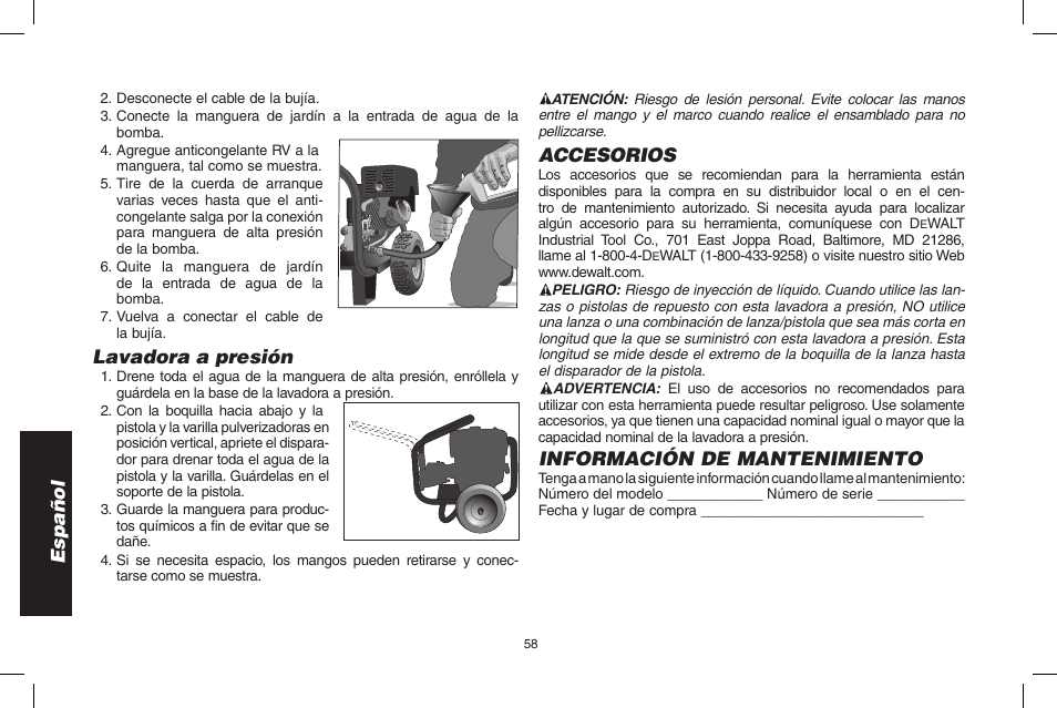 Español, Lavadora a presión, Accesorios | Información de mantenimiento | DeWalt N0003431 User Manual | Page 58 / 68